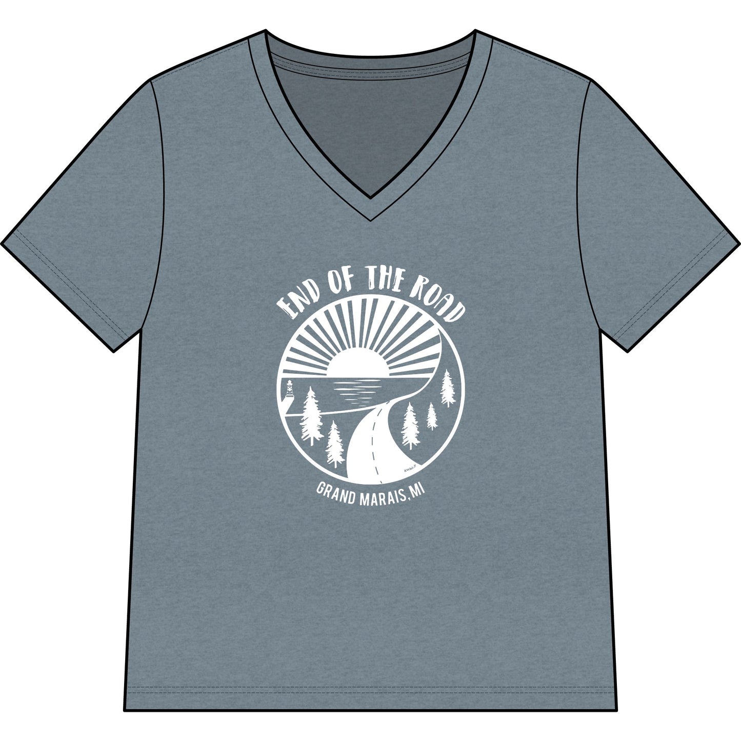 Women’s V-Neck Tee – 'End of the Road' Vintage Sunset Adventure Graphic