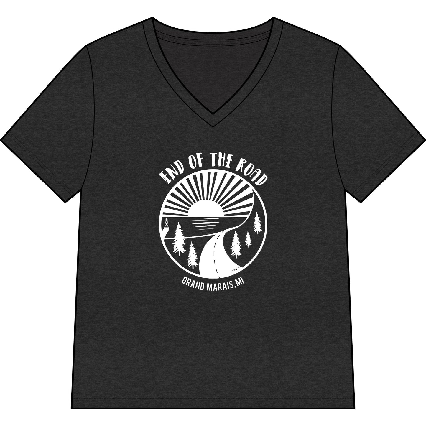 Women’s V-Neck Tee – 'End of the Road' Vintage Sunset Adventure Graphic