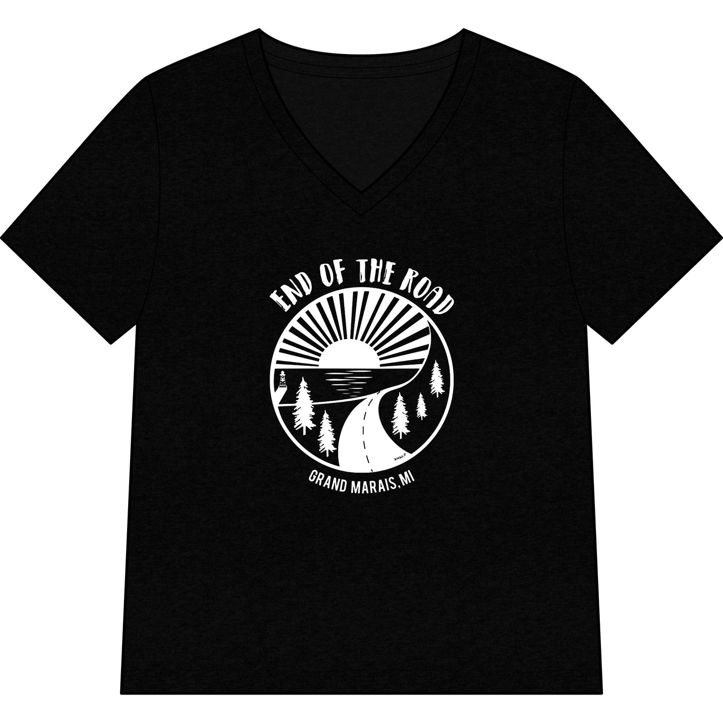 Women’s V-Neck Tee – 'End of the Road' Vintage Sunset Adventure Graphic